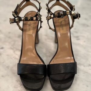VALENTINO Rockstud Caged Block Heel Black Leather Gold Studs